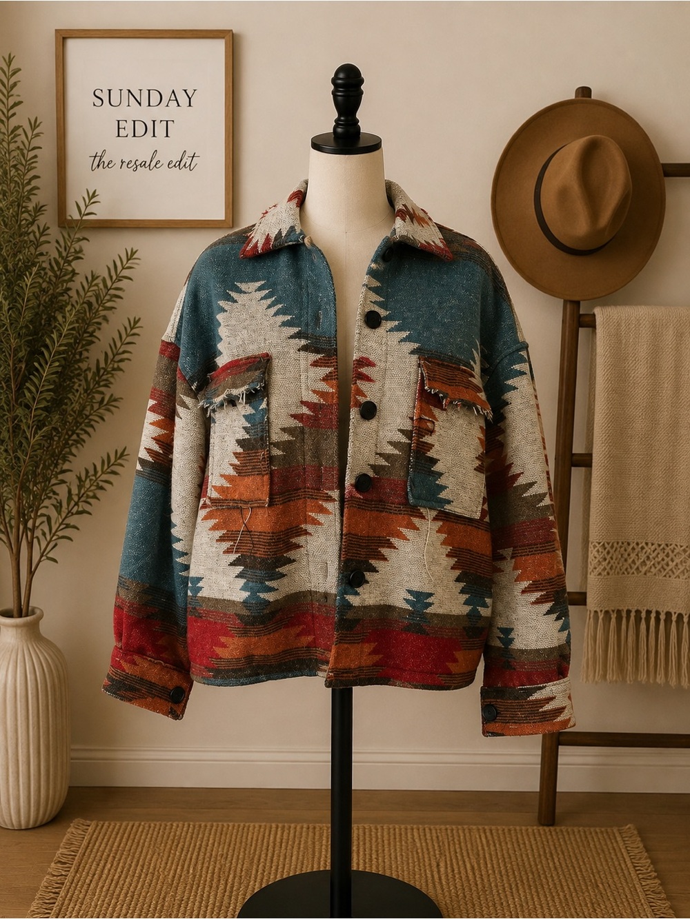 Jen & Co Southwestern Aztec Woven Shacket Jacket Teal Rust L/XL